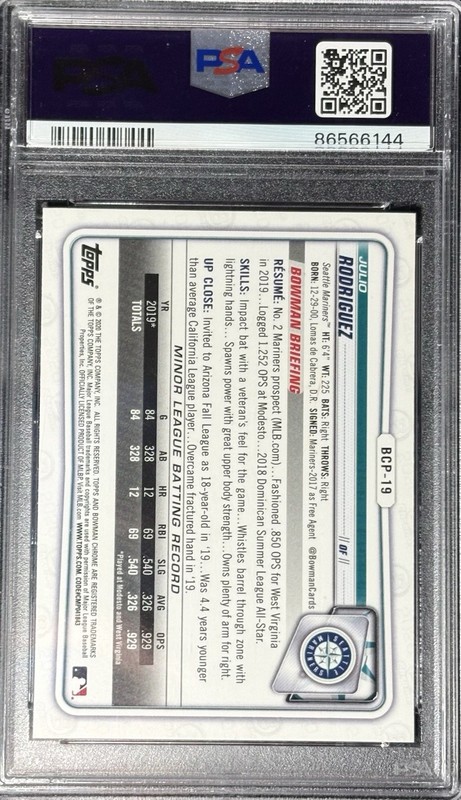 Julio Rodriguez 2020 Bowman Chrome Sapphire Edition PSA Gem 10 SP view 2