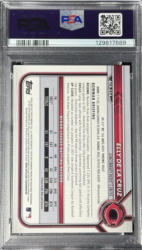 Elly De La Cruz 2022 Bowman Chrome Sapphire Chrome Prospects Short Print PSA 10 view 2