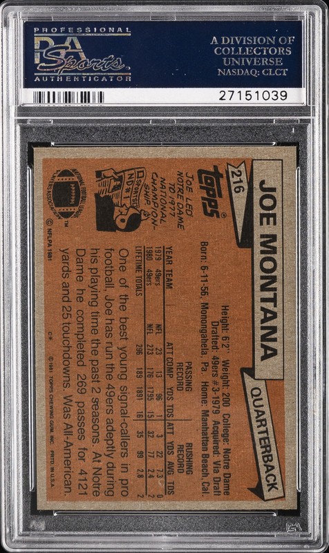 1981 TOPPS #216 JOE MONTANA ROOKIE RC PSA 9 view 2