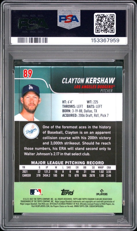 2022 Topps Stadium Club #89 Clayton Kershaw Gold Minted Chrome Refractor PSA 10 view 2