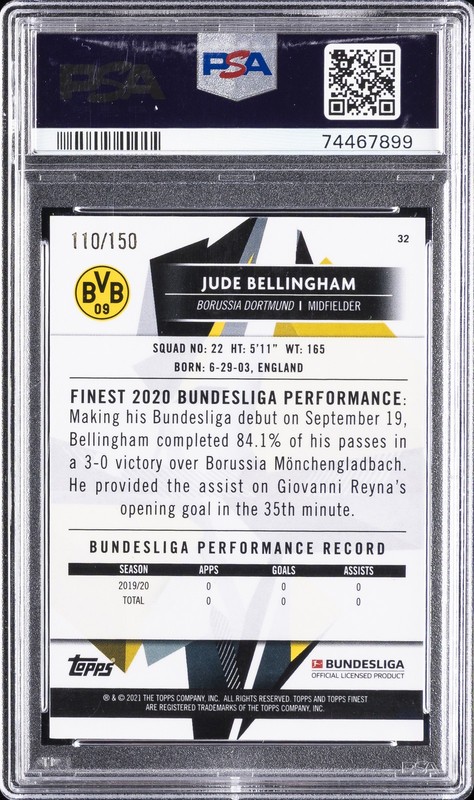 2020 TOPPS FINEST BUNDESLIGA #32 JUDE BELLINGHAM ROOKIE RC 110/150 PSA 10 view 2