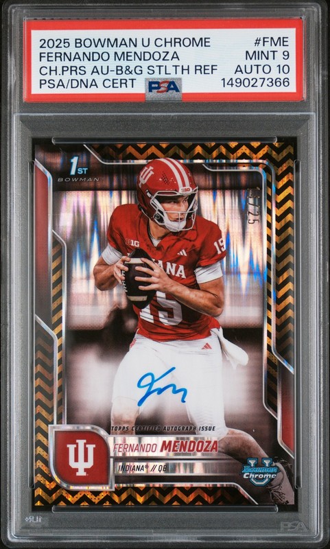 2025 BLACK & GOLD STEALTH REFRACTOR #FME FERNANDO MENDOZA 14/25 PSA 9 AUTO 10