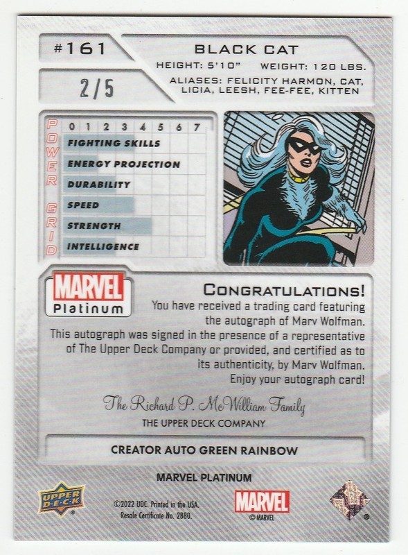 2023 MARVEL PLATINUM * GREEN AUTO * WRITER: MARV WOLFMAN * BLACK CAT * #2/5 !!! view 2