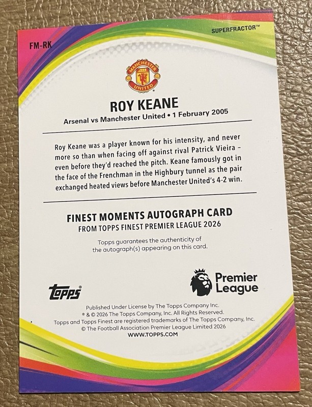 2026 TOPPS FINEST PREMIER ROY KEANE MOMENTS 1/1 SUPERFRACTOR AUTO  FM-RK🔥 view 2