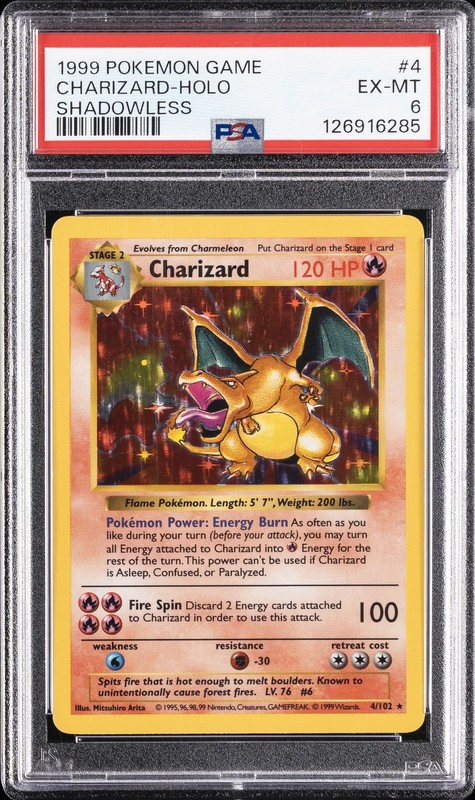 1999 POKEMON BASE SET SHADOWLESS #4 CHARIZARD-HOLO PSA 6
