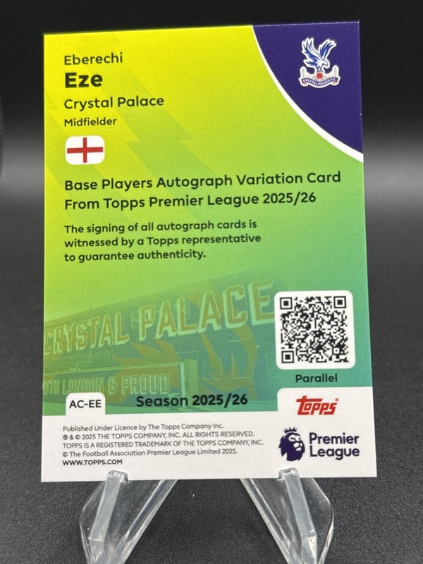 2025-26 Topps Premier League Eberechi Eze Auto Autograph Green Foil /99 view 2