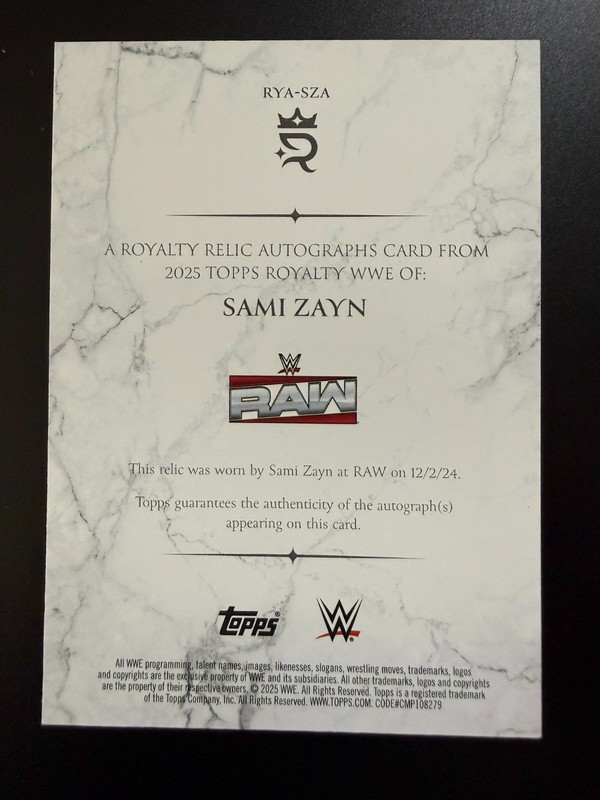 2025 Topps Royalty WWE Sami Zayn Royalty Relic Auto /50 view 2