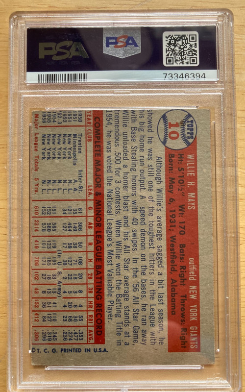 1957 Topps # 10 WILLIE MAYS HOF PSA 5 EX (MC) view 2
