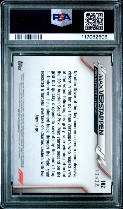 2020 TOPPS CHROME FORMULA 1 PURPLE REFRACTOR #162 MAX VERSTAPPEN 35/399 PSA 8 view 2