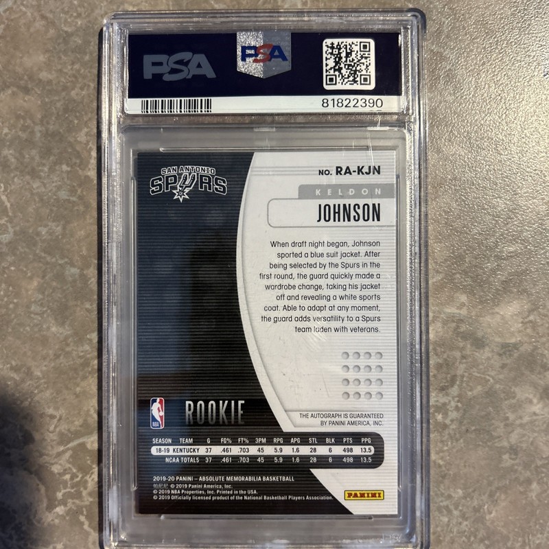 2019 Panini Absolute Memorabilia Rookie Auto Lvl 1  Keldon Johnson PSA 8 Auto 9 view 2