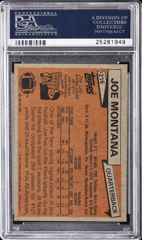 1981 TOPPS #216 JOE MONTANA PSA 8 view 2