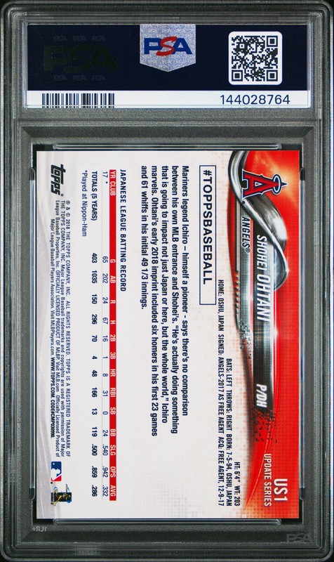 2018 TOPPS UPDATE #US1 SHOHEI OHTANI ROOKIE RC PSA 10 view 2