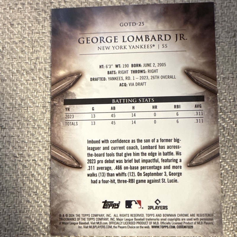 Topps 2024 Bowman Chrome Gladiators Diamond George Lombard Jr GOTD-25 Gold /50 view 2