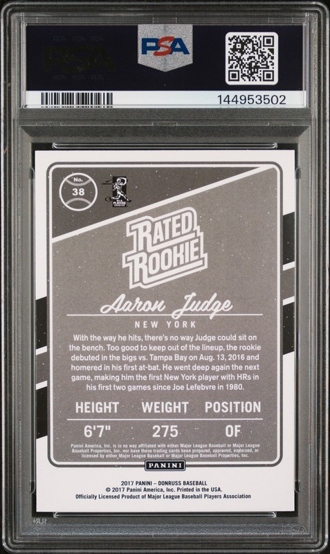 2017 PANINI DONRUSS #38 AARON JUDGE ROOKIE RC PSA 10 view 2