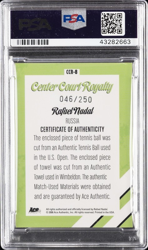 2006 ACE AUTHENTIC CENTER COURT ROYALTY MATERIALS RAFAEL NADAL #/250 PSA 9 view 2