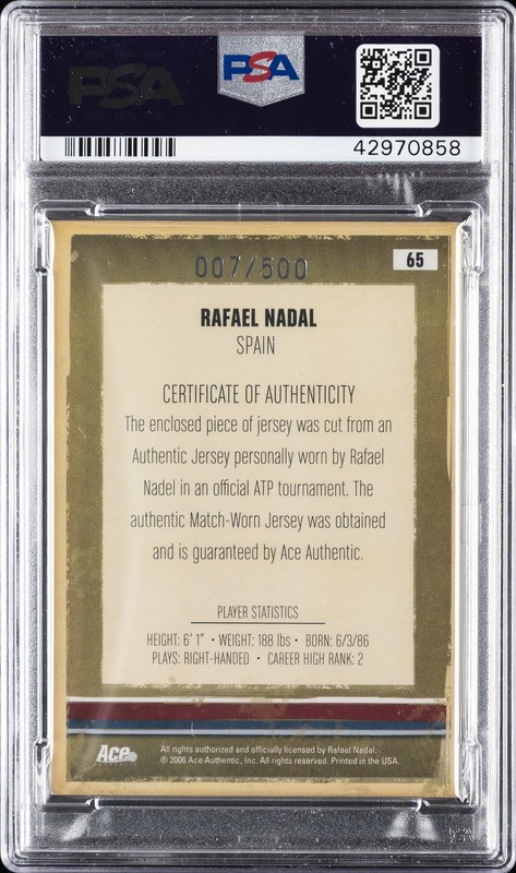 2006 ACE AUTHENTIC HEROES & LEGENDS JERSEY #65 RAFAEL NADAL #/500 PSA 9 view 2