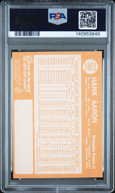 1964 TOPPS #300 HANK AARON PSA 6 view 2
