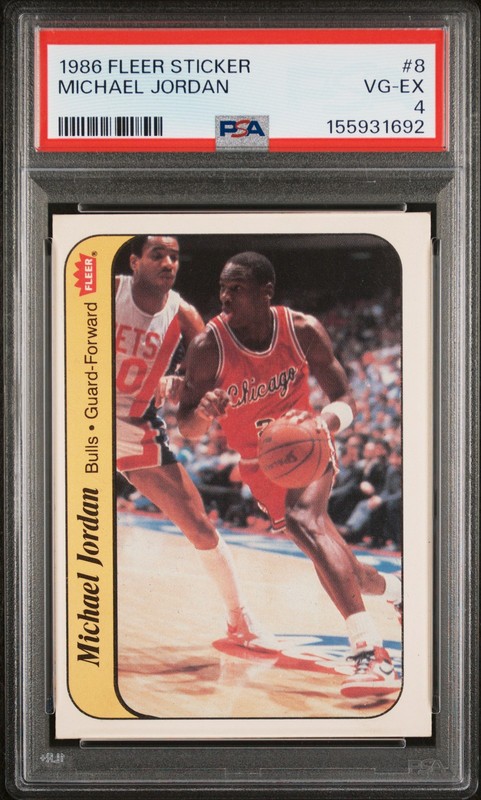 1986 FLEER STICKER #8 MICHAEL JORDAN ROOKIE RC PSA 4