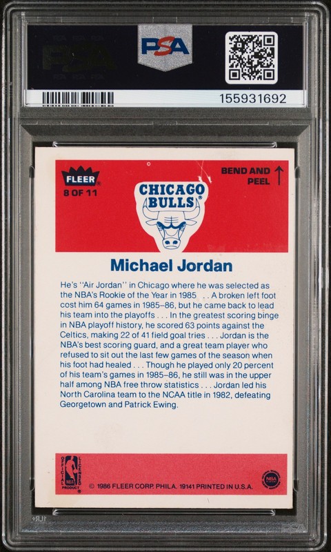 1986 FLEER STICKER #8 MICHAEL JORDAN ROOKIE RC PSA 4 view 2