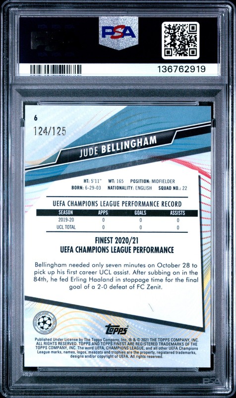 2020 TOPPS FINEST CHAMPIONS LEAGUE #6 JUDE BELLINGHAM ROOKIE RC 124/175 PSA 10 view 2