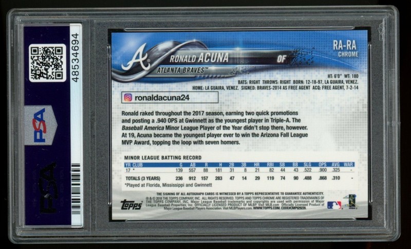 PSA 10 2018 Topps Chrome Ronald Acuna Jr #RA-RA Auto view 2