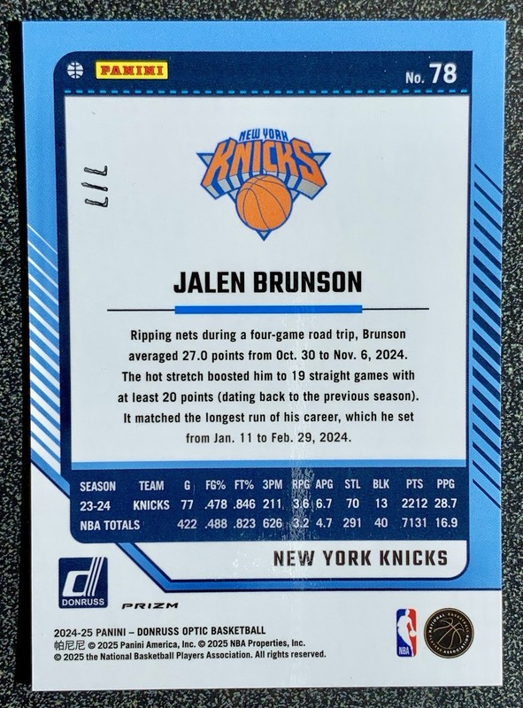 Jalen Brunson 2024-2025 Donruss Optic Fast Break Red & Yellow #78 * 7/7 Bookend view 2