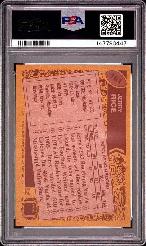 1986 TOPPS #161 JERRY RICE PSA 6 view 2