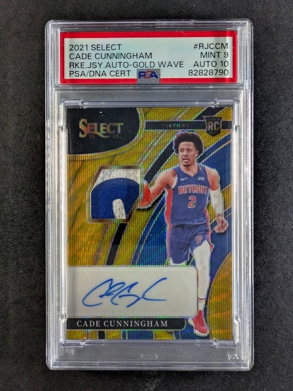 2021-22 Panini Select CADE CUNNINGHAM 1/10 RC Patch Auto Gold Wave #RJ-CCM PSA 9
