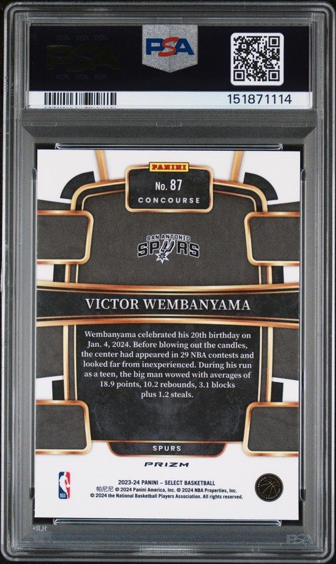 2023 PANINI SELECT ORANGE FLASH #87 VICTOR WEMBANYAMA PSA 8 view 2