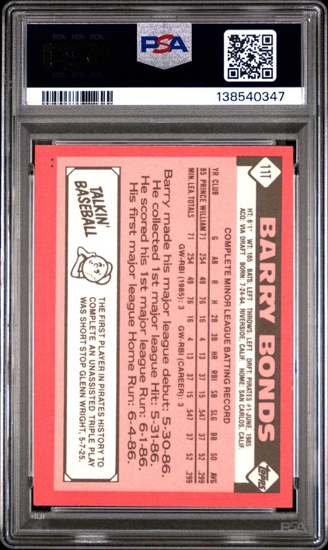 1986 TOPPS TRADED #11T BARRY BONDS ROOKIE RC PSA 8 view 2