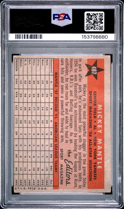 1958 TOPPS ALL STAR #487 MICKEY MANTLE PSA 2 view 2