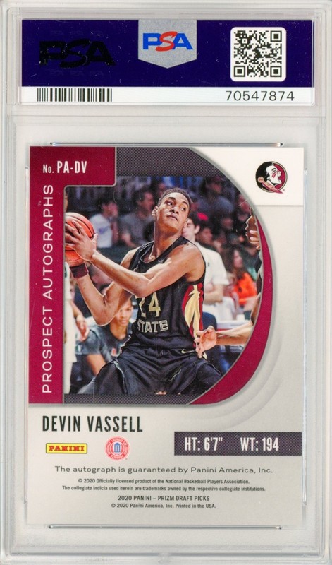2020-21 Panini Prizm Draft Picks DEVIN VASSELL Autograph AUTO RC Rookie PSA 9 view 2