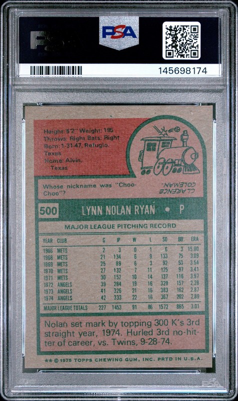 1975 TOPPS #500 NOLAN RYAN PSA 6 view 2