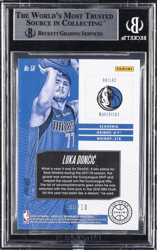 2018-19 ABSOLUTE MEMORABILIA 10TH ANNIVERSARY LUKA DONCIC /10 ROOKIE RC BGS 9 view 2