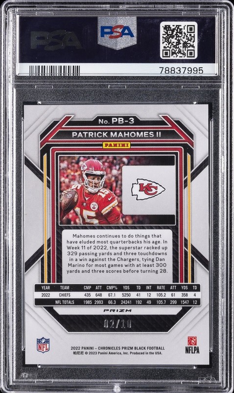 2022 PANINI CHRONICLES PRIZM BLACK GOLD #PB3 PATRICK MAHOMES II 2/10 PSA 10 view 2