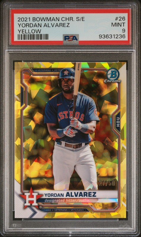 2021 BOWMAN CHROME SAPPHIRE EDITION YELLOW #26 YORDAN ALVAREZ 27/50 PSA 9