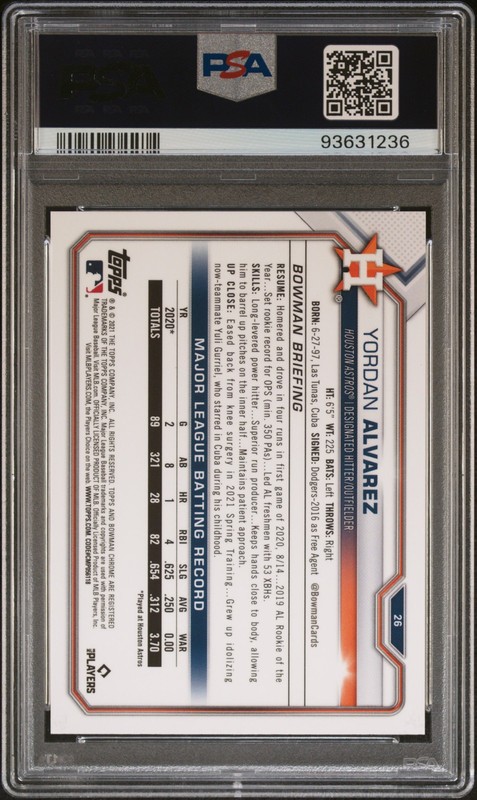 2021 BOWMAN CHROME SAPPHIRE EDITION YELLOW #26 YORDAN ALVAREZ 27/50 PSA 9 view 2