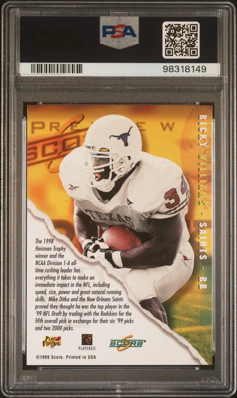 1999 SCORE ROOKIE PREVIEW AUTOS AUTOS RICKY WILLIAMS PSA 10 AUTO view 2