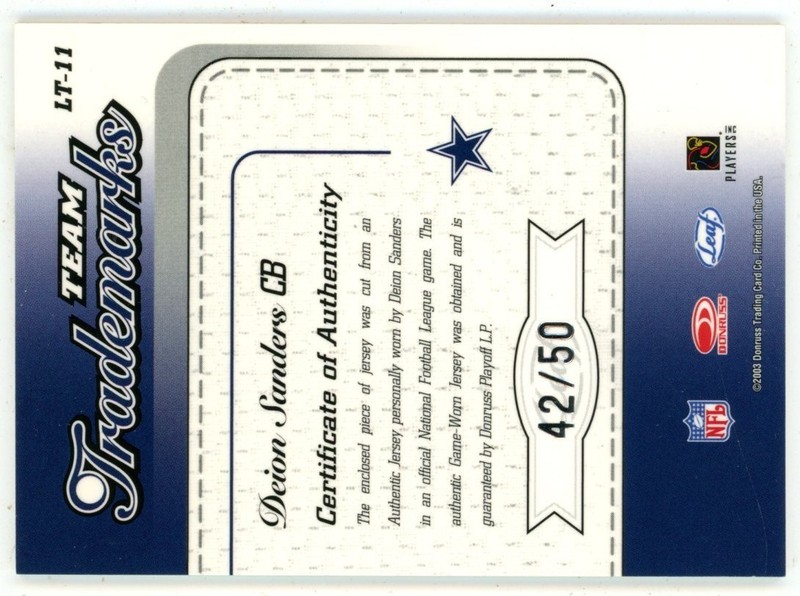 Deion Sanders 2003 Leaf Limited Game Used Patch Auto /50 Donruss NFL Cowboys SP view 2