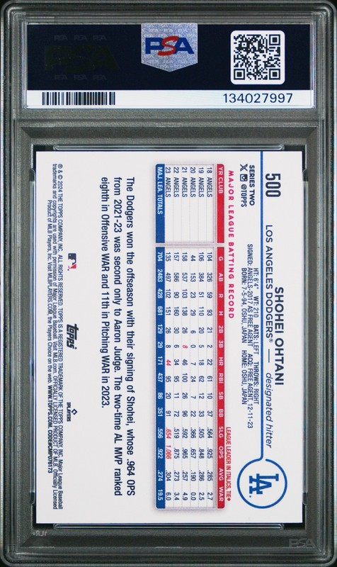 2024 Topps #500 Shohei Ohtani PSA 10 GEM MINT Los Angeles Dodgers view 2