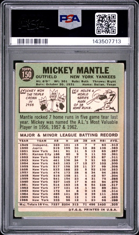 1967 TOPPS #150 MICKEY MANTLE PSA 1.5 view 2
