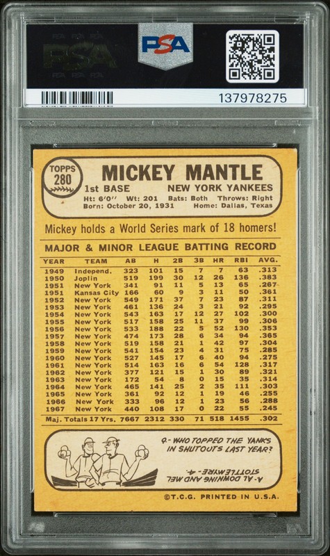 1968 TOPPS #280 MICKEY MANTLE PSA 5 view 2