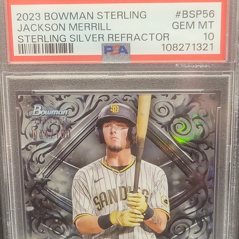 2023 Bowman Sterling Jackson Merrill /100 Silver Refractor RC PSA 10 #BSP56 view 2
