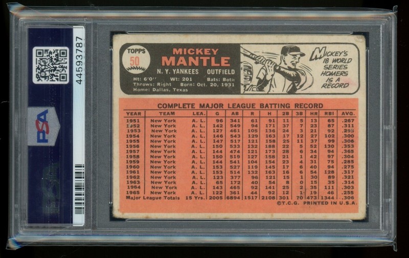 PSA 1 1966 TOPPS MICKEY MANTLE #50 view 2