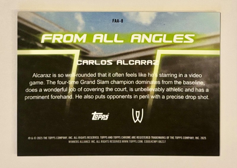 2025 Carlos Alcaraz Topps Chrome Tennis From All Angles Orange Refractor SP #/25 view 2