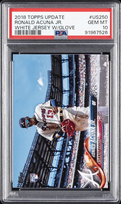 2018 TOPPS UPDATE WHITE JERSEY WITH GLOVE RONALD ACUNA JR. ROOKIE RC PSA 10
