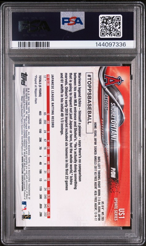 2018 TOPPS UPDATE #US1 SHOHEI OHTANI ROOKIE RC PSA 9 view 2