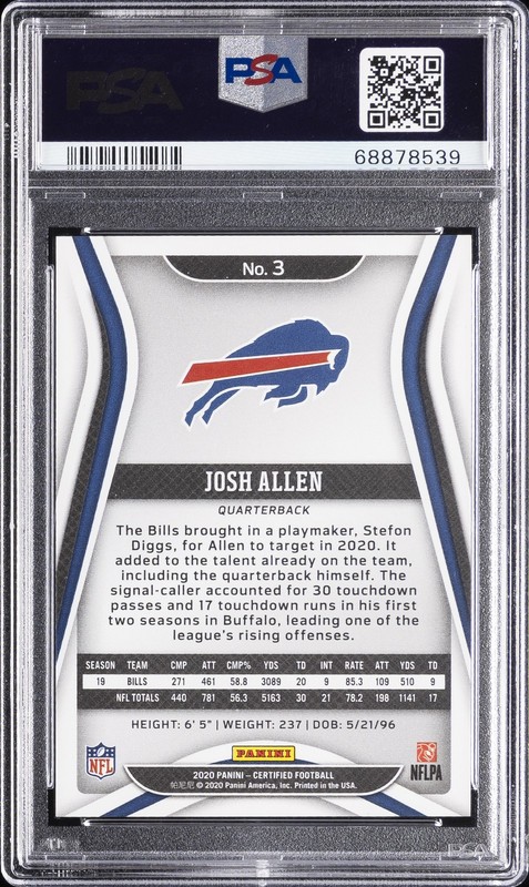 2020 PANINI CERTIFIED MIRROR RED #3 JOSH ALLEN 58/99 PSA 10 view 2