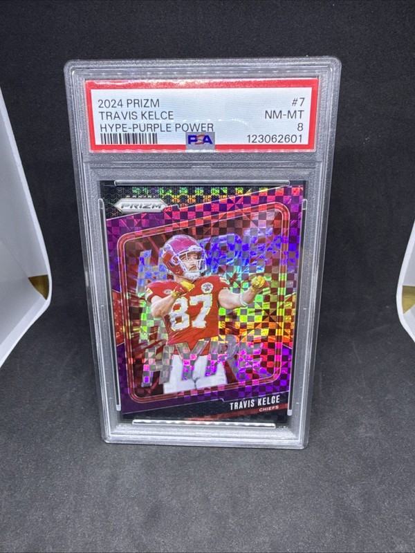 2024 Panini Prizm Travis Kelce Hype PURPLE POWER 49/49 #7 PSA 8 view 1