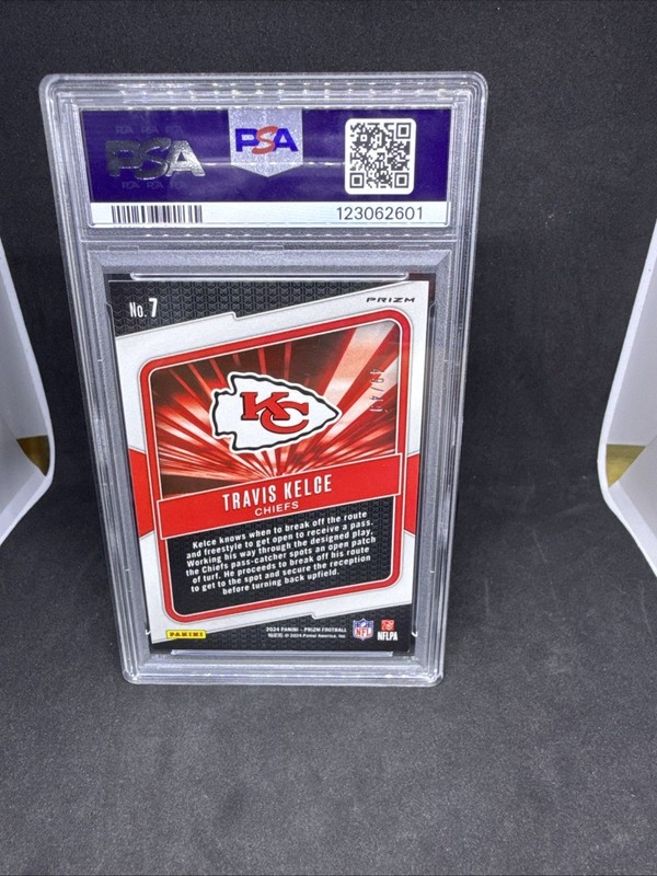 2024 Panini Prizm Travis Kelce Hype PURPLE POWER 49/49 #7 PSA 8 view 2
